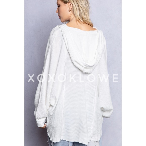 POL Off White Cotton Half Button Long Sleeve Hoodie Top Oversized - Picture 6 of 10